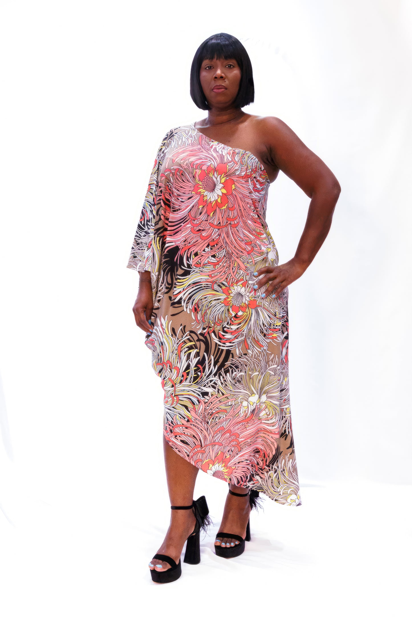 One-Shoulder Printed Cut-A-Way Dress