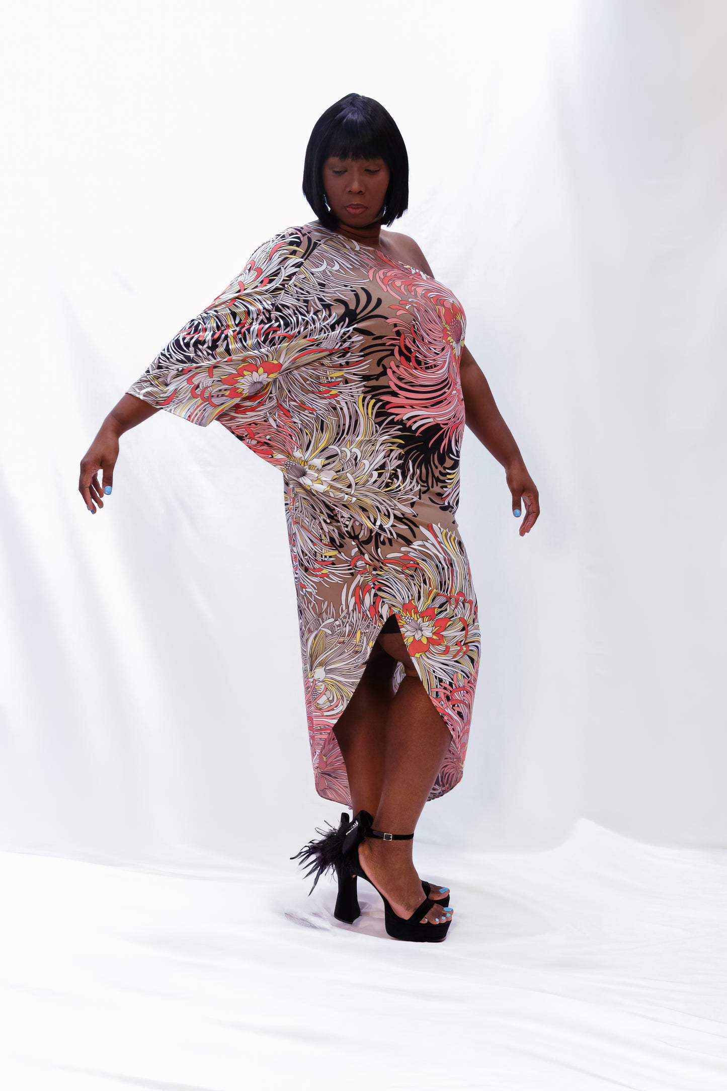 One-Shoulder Printed Cut-A-Way Dress