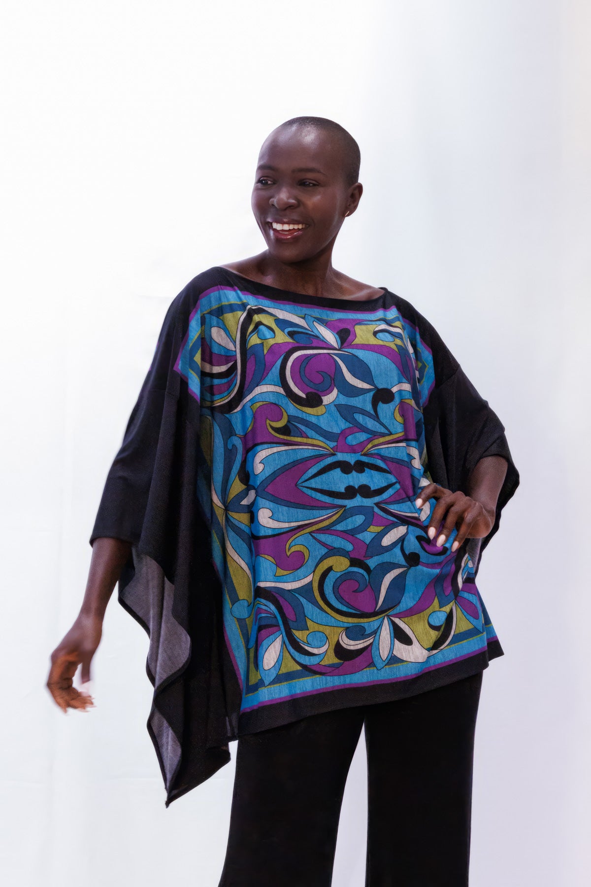 Draped, Retro-Print Tunic Top
