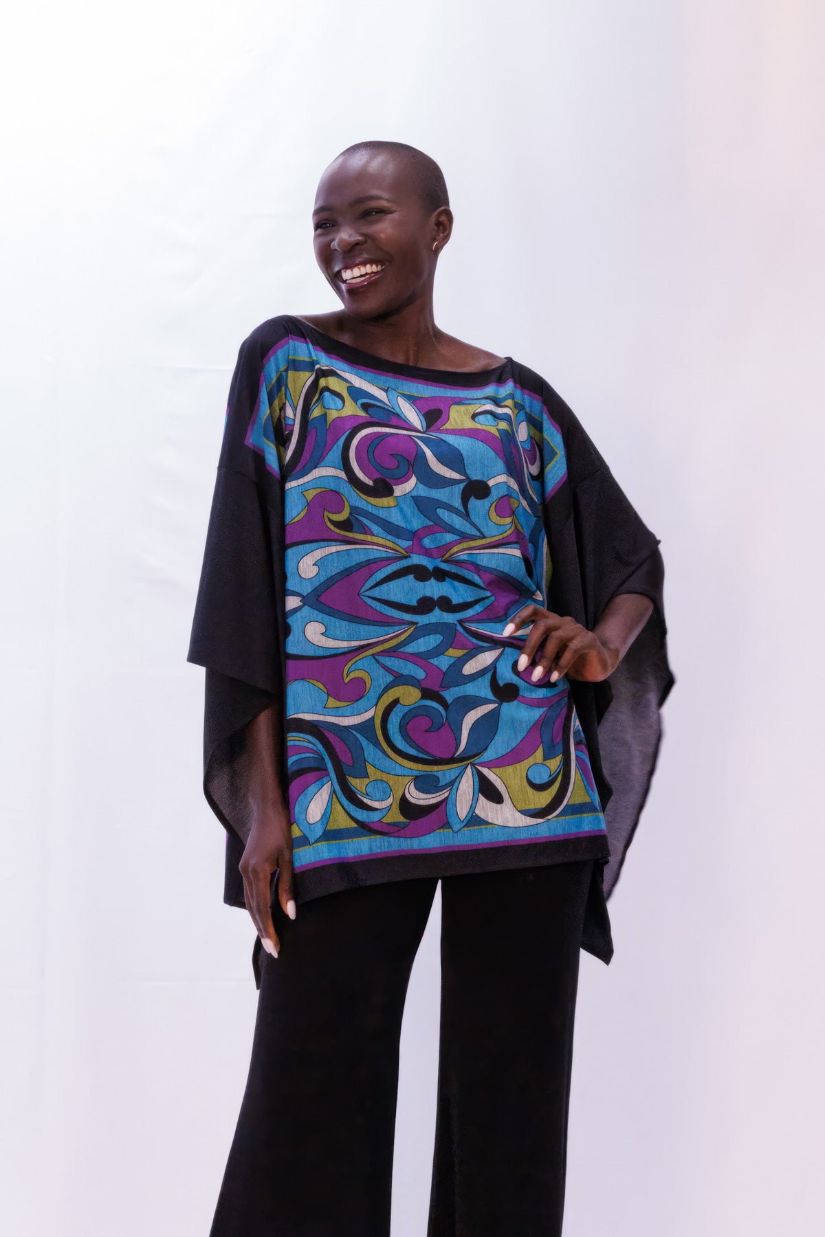 Draped, Retro-Print Tunic Top