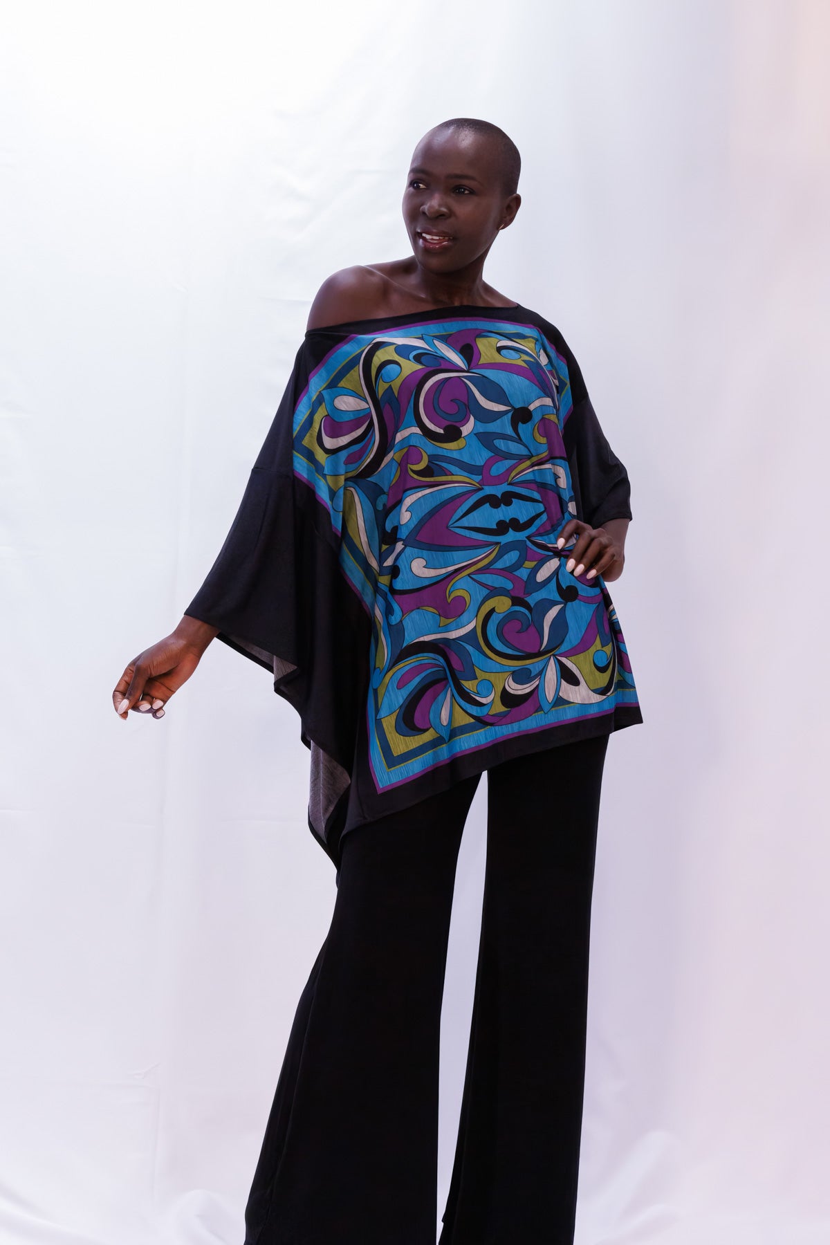 Draped, Retro-Print Tunic Top