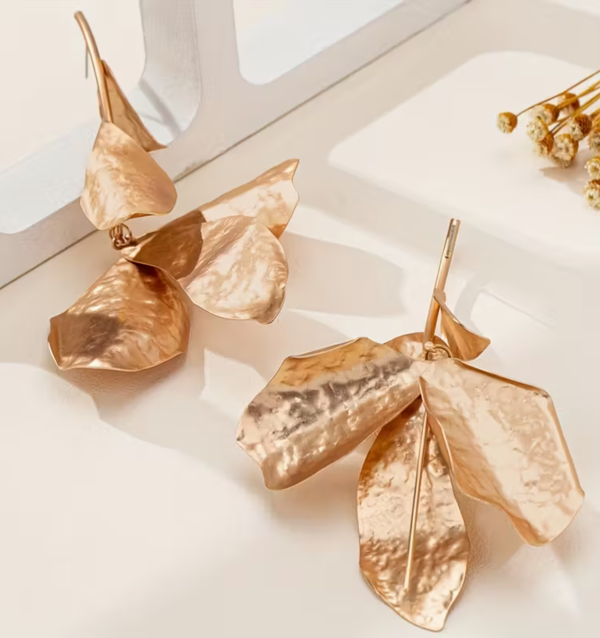 Brushed Gold Metal Leaves Statement Earrings