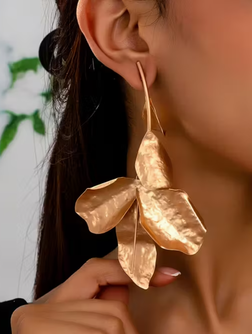 Brushed Gold Metal Leaves Statement Earrings