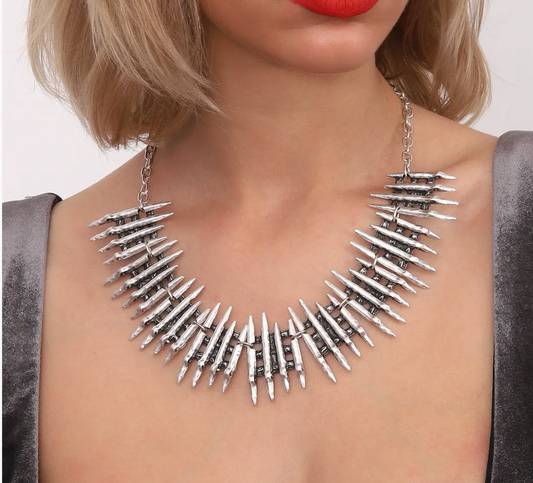 Graphic Lined Antique Silver Necklace Set