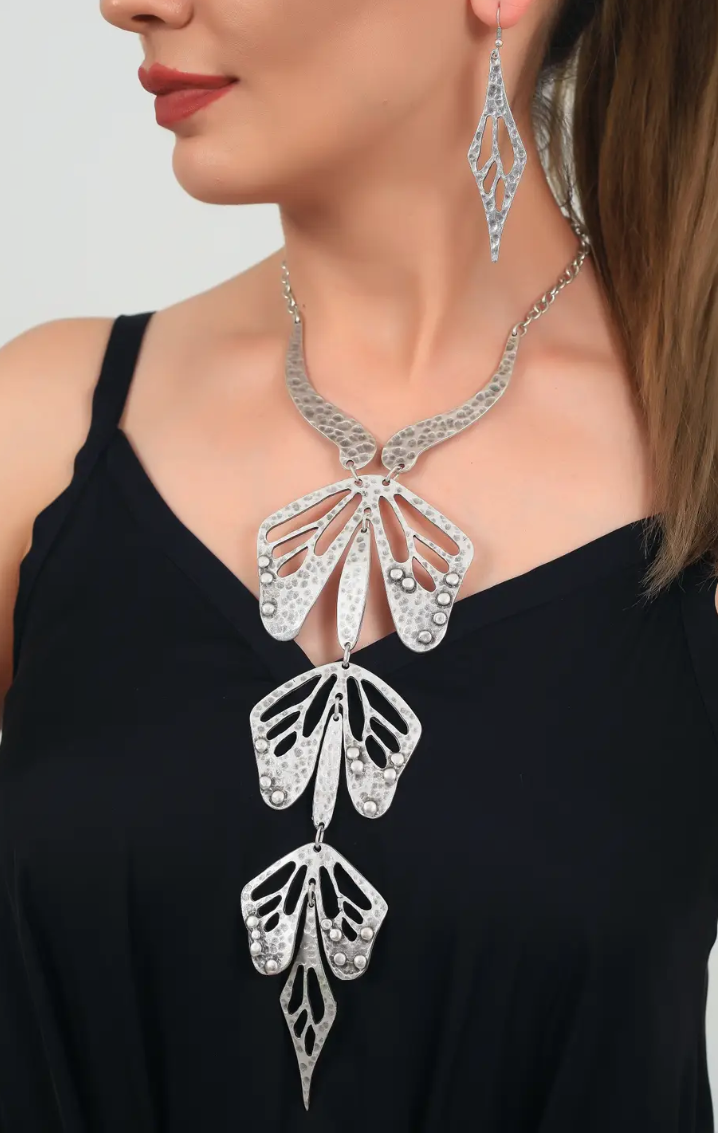 Antique Silver Butterfly Wing Statement Necklace Set