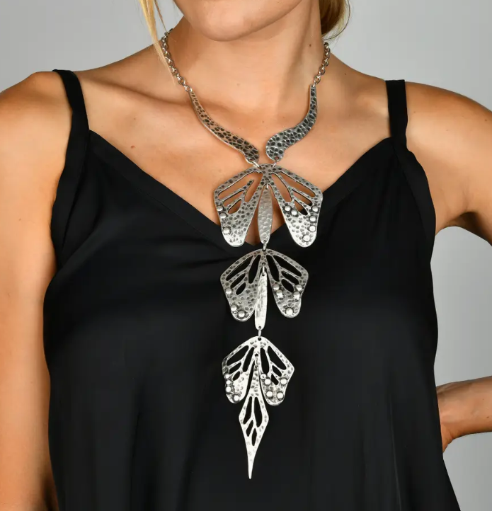 Antique Silver Butterfly Wing Statement Necklace Set