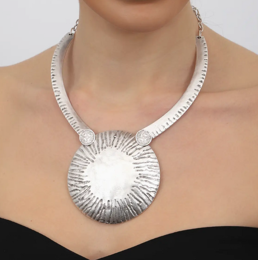 Antique Silver Hammered Disc Necklace