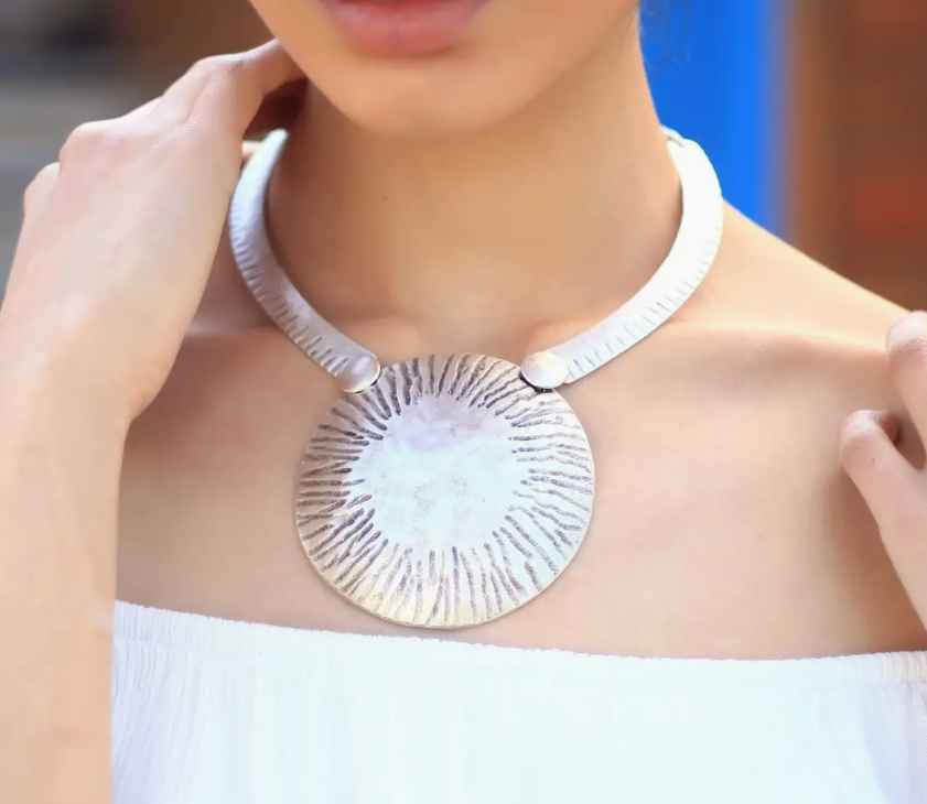 Antique Silver Hammered Disc Necklace