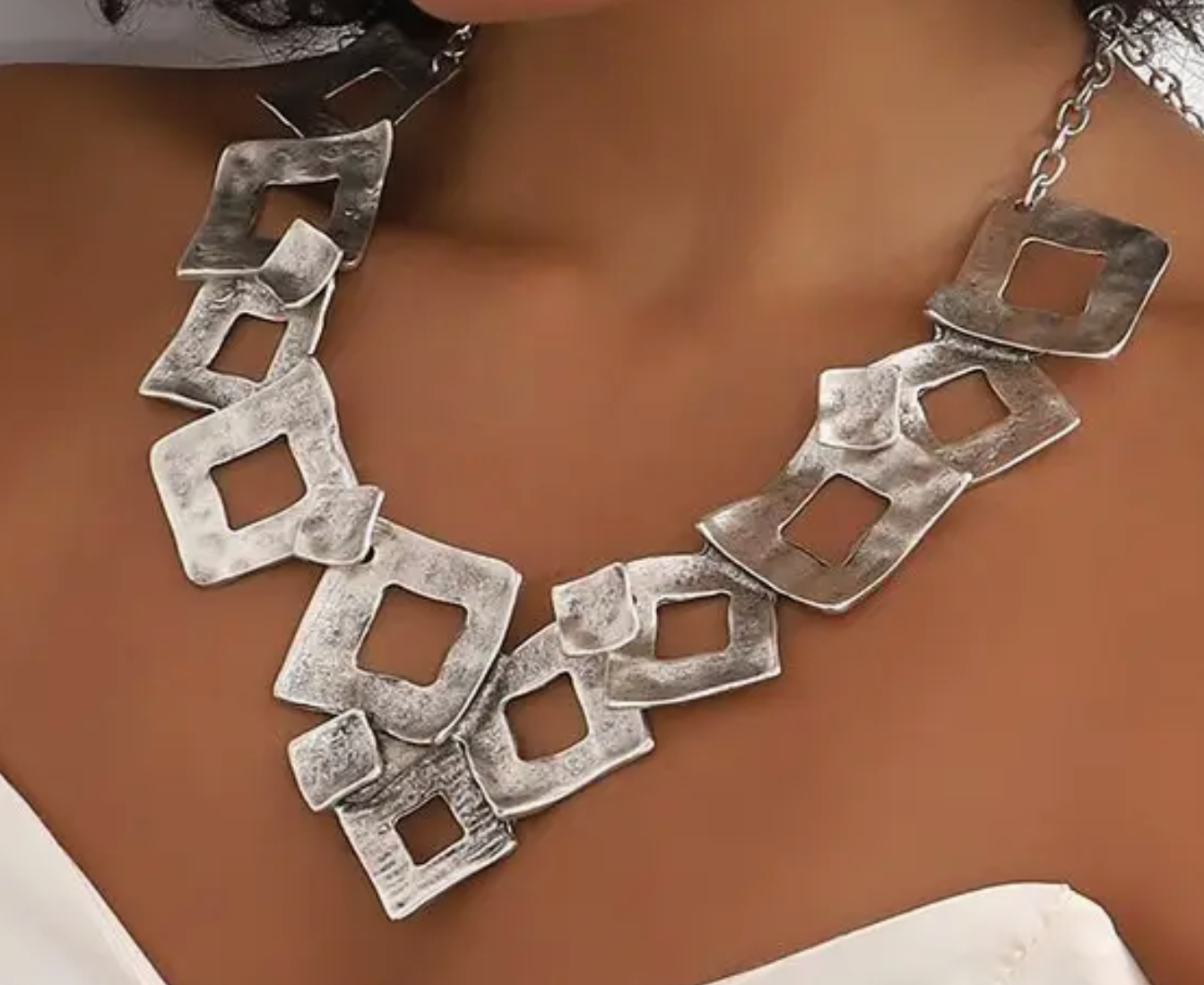 Antique Silver Abstract Squares Neckace Set