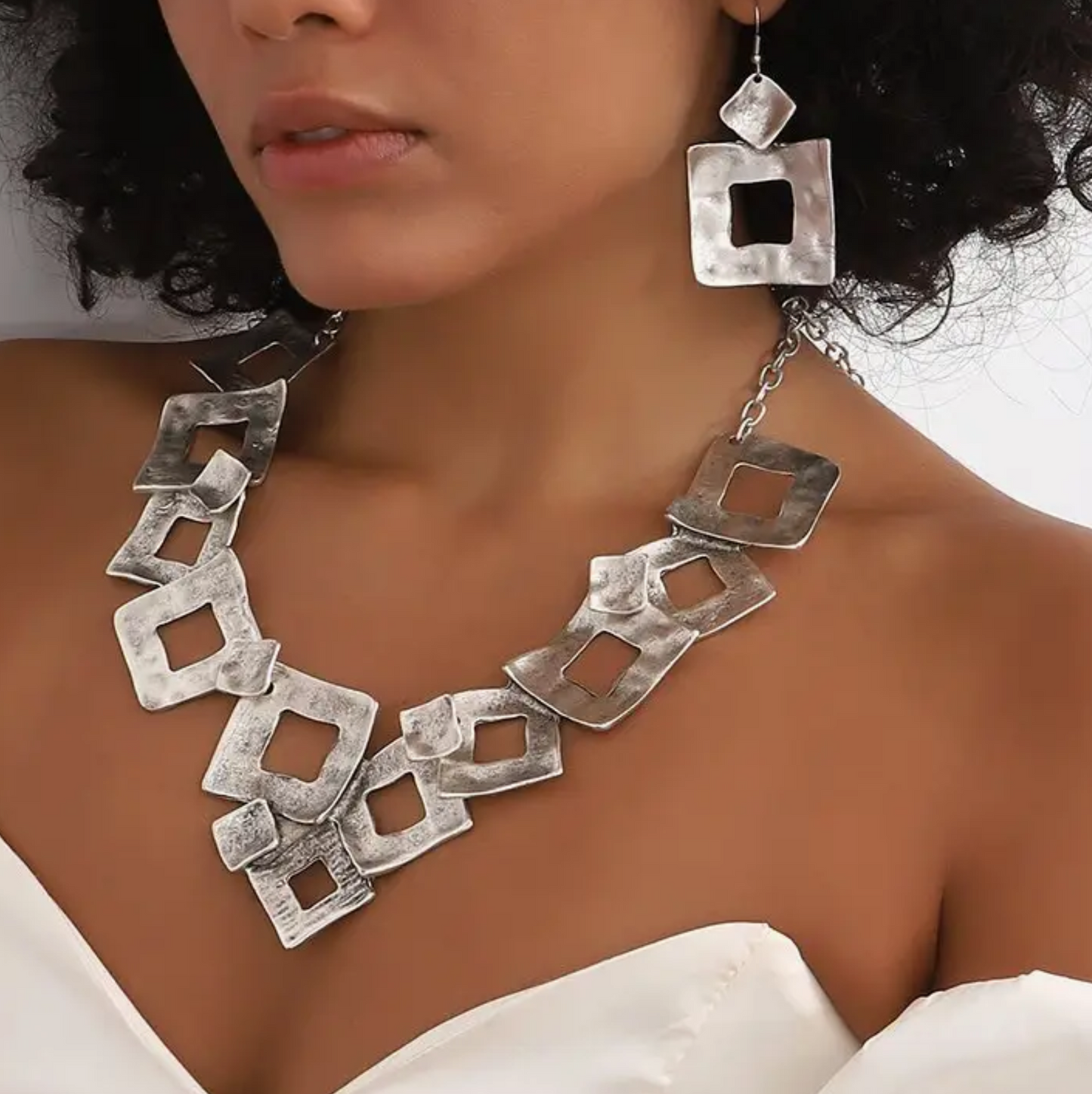 Antique Silver Abstract Squares Neckace Set