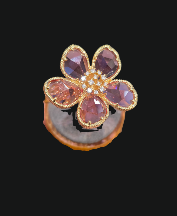 Pink Tourmaline Rhinestone Flower Statement Ring