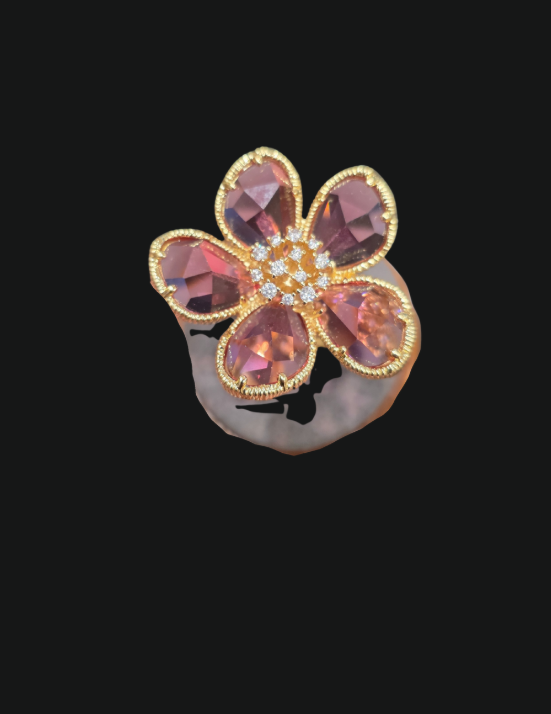 Pink Tourmaline Rhinestone Flower Statement Ring